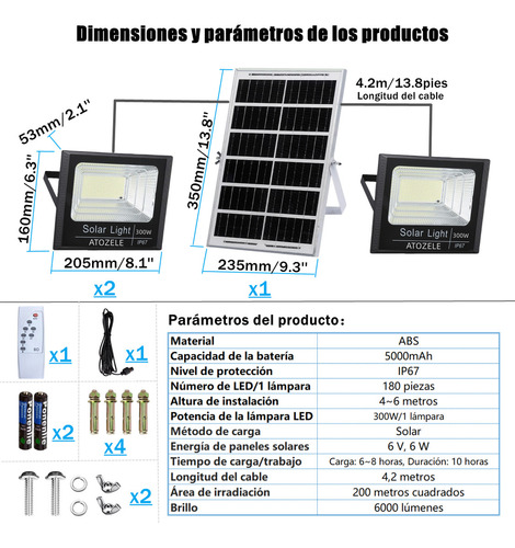 Lampara Solar Exterior ATOZELE 2 Luces LED Recargables para Jardin y Casa Con Control Remoto Impermeables IP67 300W Unidad - 1 - 6V - Blanco