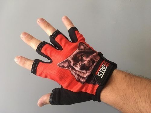 Guantes Para Moto O Bici, Dedos Cortados Diseño Lobo Rojo