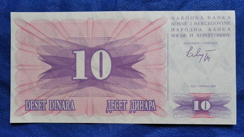 Billetes 10 Dinara, Bosnia,  Año 1992,buen Estado 