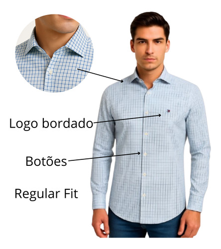Camisa Xadrez Masculina Tommy Regular Fit Manga Longa
