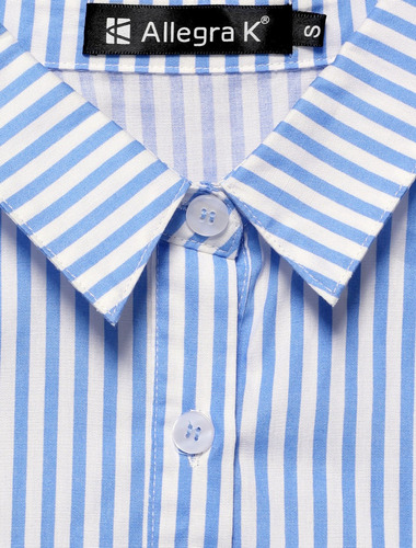 Camisa Mujer A Rayas Con Botones Cuello Vuelto Manga Larga