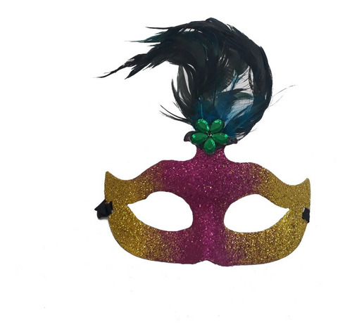 Máscara Halloween Gliter Penas Naturais  Cor Lilás / Dourado