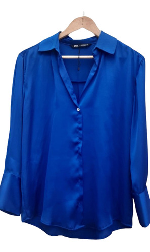 Zara Blusa De Mujer Satinada, Nueva, Azul Eléctrico 