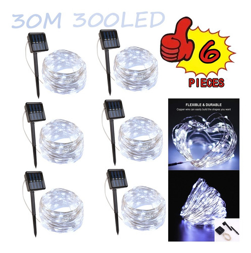 6pcs Luz De Hadas Solar 30m 300 Led Tiras De Luz Led