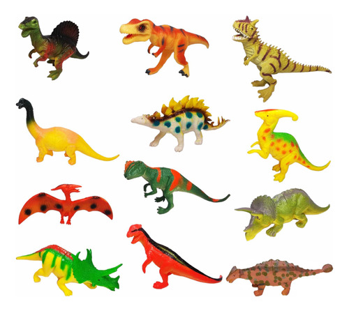 Set 12 Dinosaurios Muy Coloridos 10 Cm Alto X 12 Cm De Largo