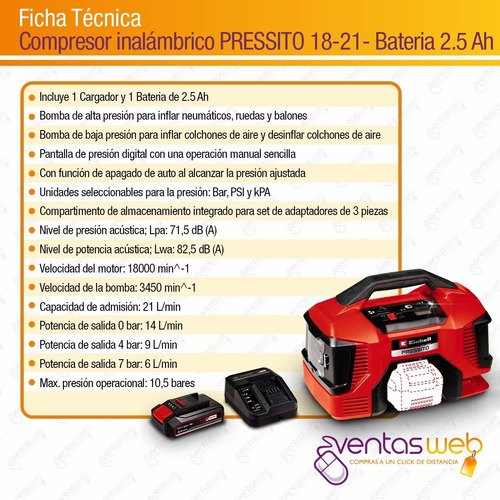 Imagen 7 de 8 de Mini Compresor Einhell Inalambrico 18v + Kit Bateria 2,5 Amp