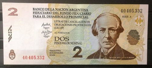 Argentina Lecop. Valor 2  Pesos (2001). Excelente+