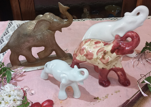 Antiguo Elefantes Metal Y Porcelana 4 Unidades N582 (Usado)