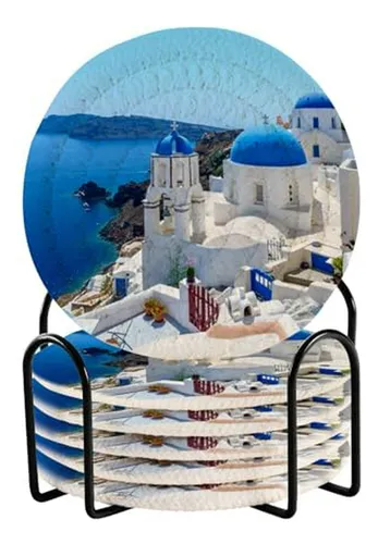 Juego De 6 Posavasos Absorbentes Con Soporte - Paisaje Oia S