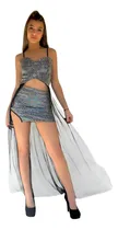 Comprar Elegante Vestido Símil Lentejuelas Con Tull En Contraste.
