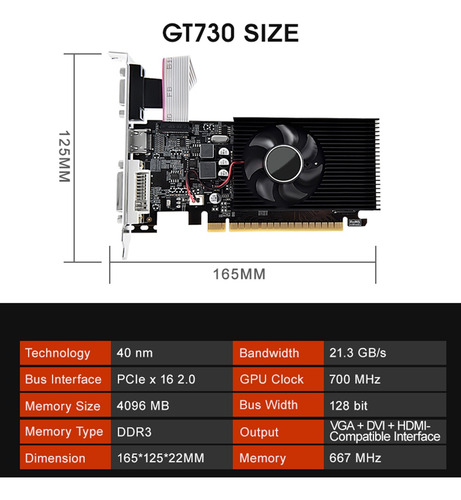 Placa Gráfica Gt730 4g Ddr3 De 128 Bits 700 Mhz 40 Nm Pcie 2