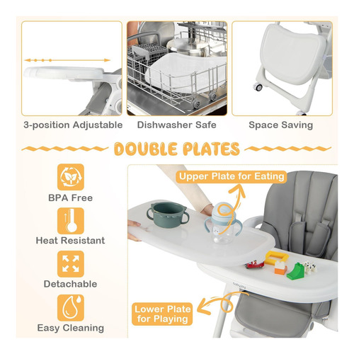 Baby Joy Silla Alta Para Bebé, Silla Alta Plegable 7 5 Doble