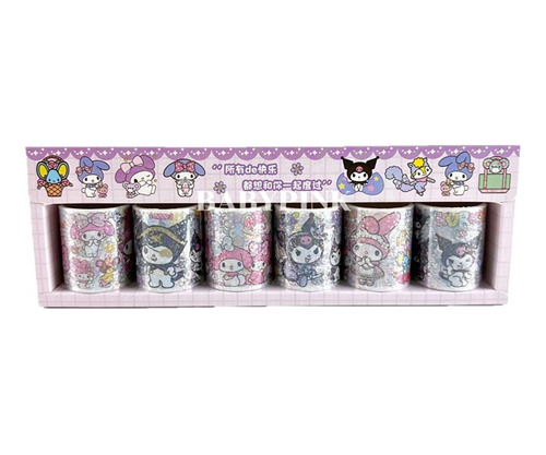 Set 6 Rollos Washitapes Grande Stickers Kuromi Melody Brillo