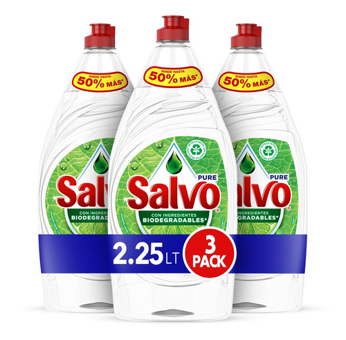 Pack X3 Botellas De Lavatrastes Líquido Salvo Pure 2.25l