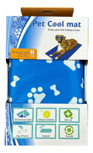 Manta Refrescante De Gel Frio Para Mascotas Talla Xl 96x81cm Color Azul Hueso Y Huella