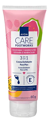 Tubo de creme esfoliante Avon Care Footworks rosa com rótulo branco e detalhes de goiaba e maracujá.