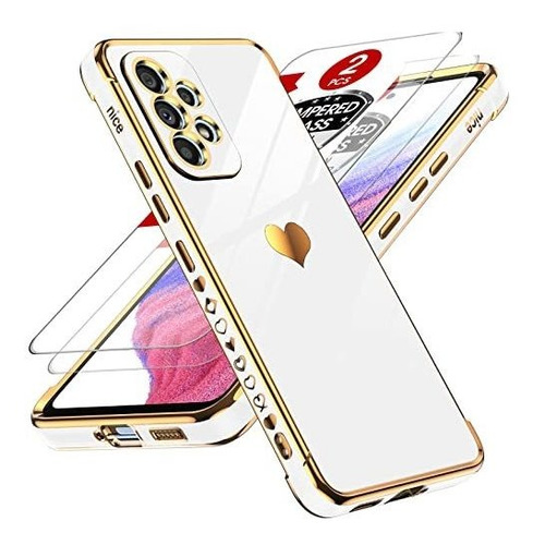 Funda Para Galaxy A53 5g Blanco Dorado Corazon + 2 Vidrios T