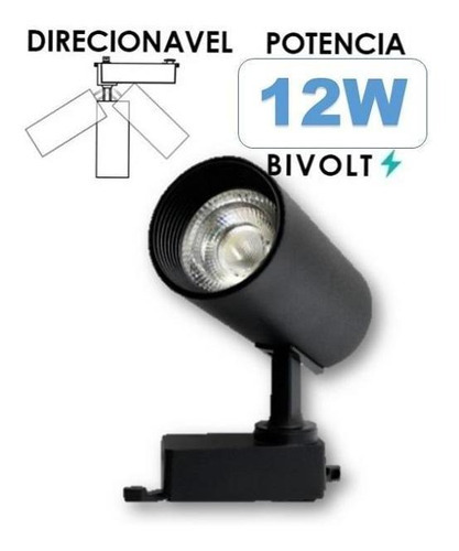 Spot Para Trilho Eletrificado Preto Led 12w Luz Quente 3000k