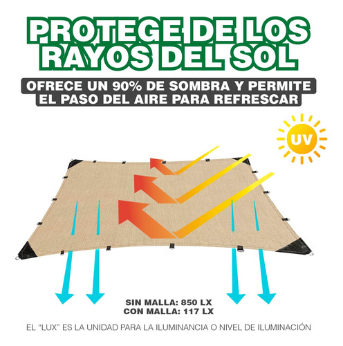Imagen 7 de 10 de Malla Sombra 90% Raschel Beige De 6mx5m Reforzada