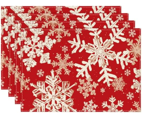 4 Mantel Individual Decorativos Navidad Copos Nieve Rojos