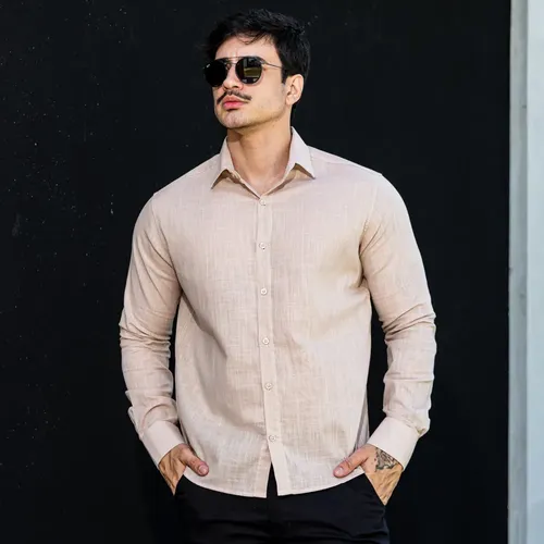 Camisa Social Masculina Manga Longa Linho Casual Slim Fit