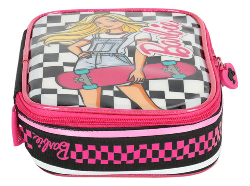 Estojo Escolar Box Barbie de Skate Preto Xadrez Com divisorias Luxcel