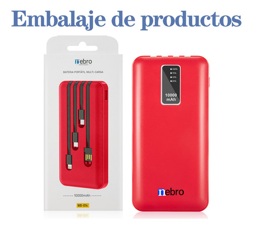 Batería Portátil Power Bank 10000mah 4 Cables Carga Rápida Rojo