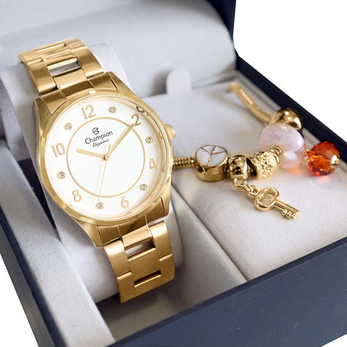 Relógio Champion Feminino Dourado Cn26000s + Kit Berloques Cor Do Fundo Branco3