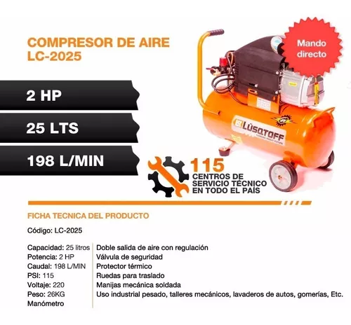 Compresor Aire Portátil Lüsqtoff 25 Lt 2hp Profesional G2852