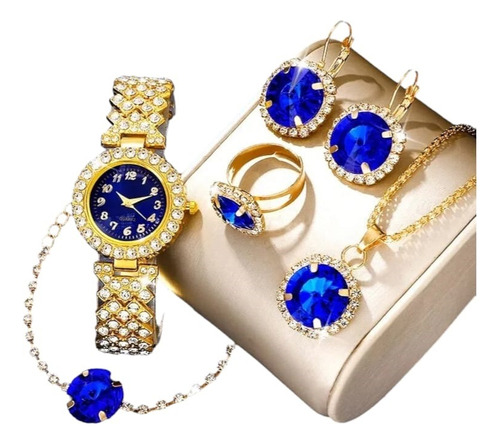 Kit Reloj Dorado Azul Para Mujer + Juego De Collar Aretes