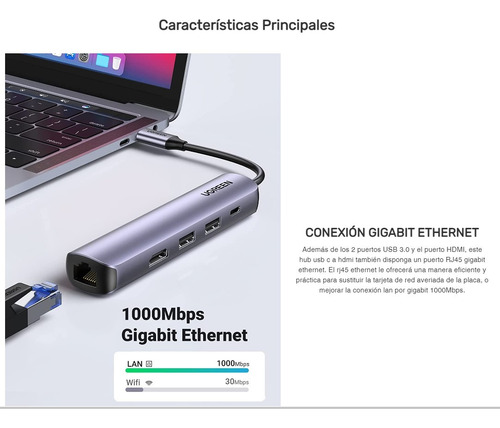 Hub Ugreen Usb-c 5 En 1 - 2 X Usb 3.0 - 1 X Hdmi - 1 X Rj45
