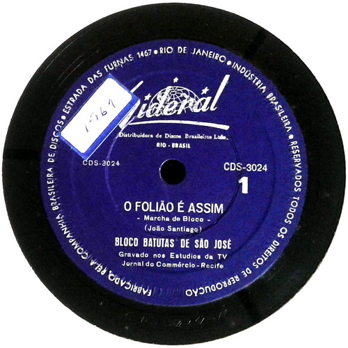 78 Rpm Bloco Batutas De São José 1961 Selo Sideral Cds3024