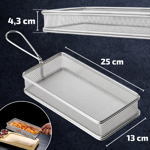 6 Cesta Para Servir Porções Aço Inox Retangular 25x13x4,3 Cm