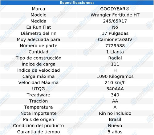 1- Llanta 111h Goodyear Wrangler Fortitude Ht 245/65r17