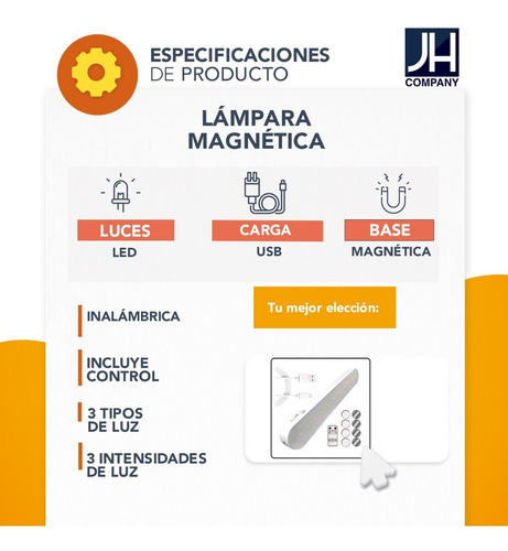 Imagen 7 de 7 de Lampara Led Iman Recargable Usb 3 Cambios Luz Control 9956