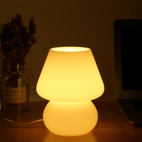 Lámpara De Mesita De Noche De Cristal Con Diseño De Hongo Estructura Mate Blanco Pantalla Blanco