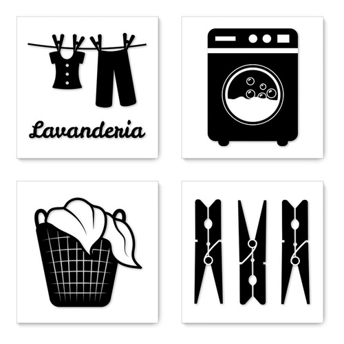 Kit 4 Quadros Decorativos Lavanderia Casa Sala Placas