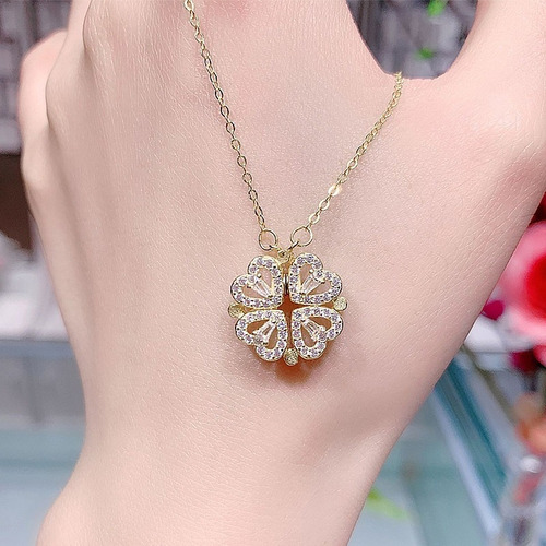 Imagen 7 de 9 de Collar Doble Vista Dorado Dije Corazones Amor Trébol Mujer