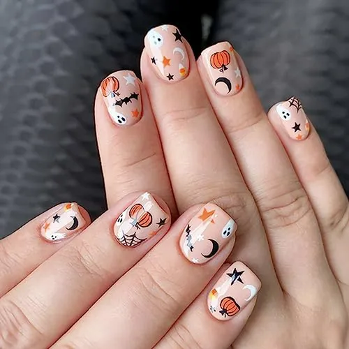 Uñas Postizas De Halloween Con Diseño De Calabaza Y Luna, 24