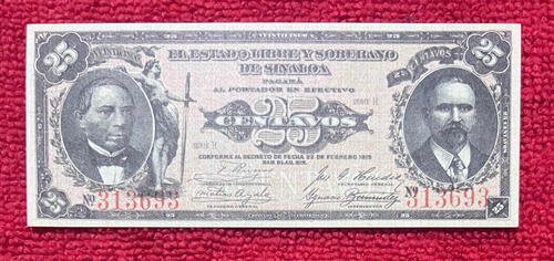 Billete Revolucionario 25 Centavos Sinaloa 1915