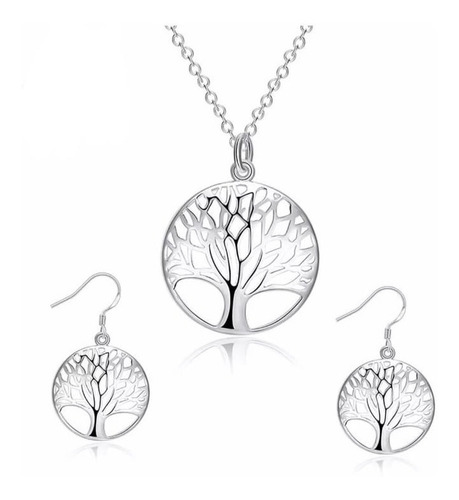 Conjunto Collar Y Aros Baño De Plata Árbol De La Vida