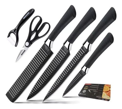 Juego Set De Cuchillos Cocina Profesional Acero Carbono 7 Pz Color Negro