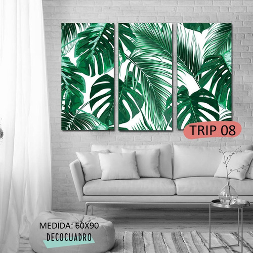 Imagen 3 de 10 de Cuadro Hojas Tríptico 60x90 Decorativo Modernos Tela Impresa