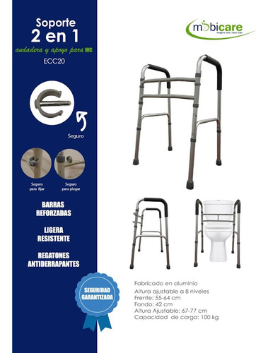 Soporte 2/| Andadera Apoyo Wc Aluminio C/8 Niveles Mobicare