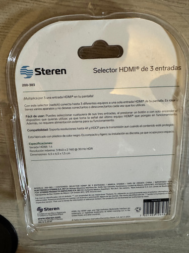 Selector Hdmi 3 Entradas Steren 4k (Usado)