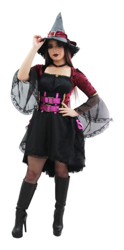 Fantasia Bruxa Adulto Vestido Halloween Bruxinha Veludo 