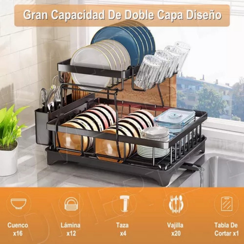 Escurridor de Platos de 2 Niveles con Bandeja Drenaje 360°, Escurreplatos de Acero Inoxidable para Cocina, Organizador Moderno para Platos, Tazas, Cubiertos y Vajilla, Soporte Compacto y Funcional