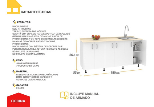 Imagen 4 de 8 de Módulo Base Cocina 1,8 Mts - Casalista® Cocina