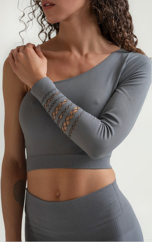Top Ananda Deportivo 1 Hombro Manga Seamless Mora 2033 Gris Claro Liso 1/2