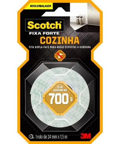 Fita Dupla Face Fixa Forte 3m Cozinha 24mm X 15m Scotch
